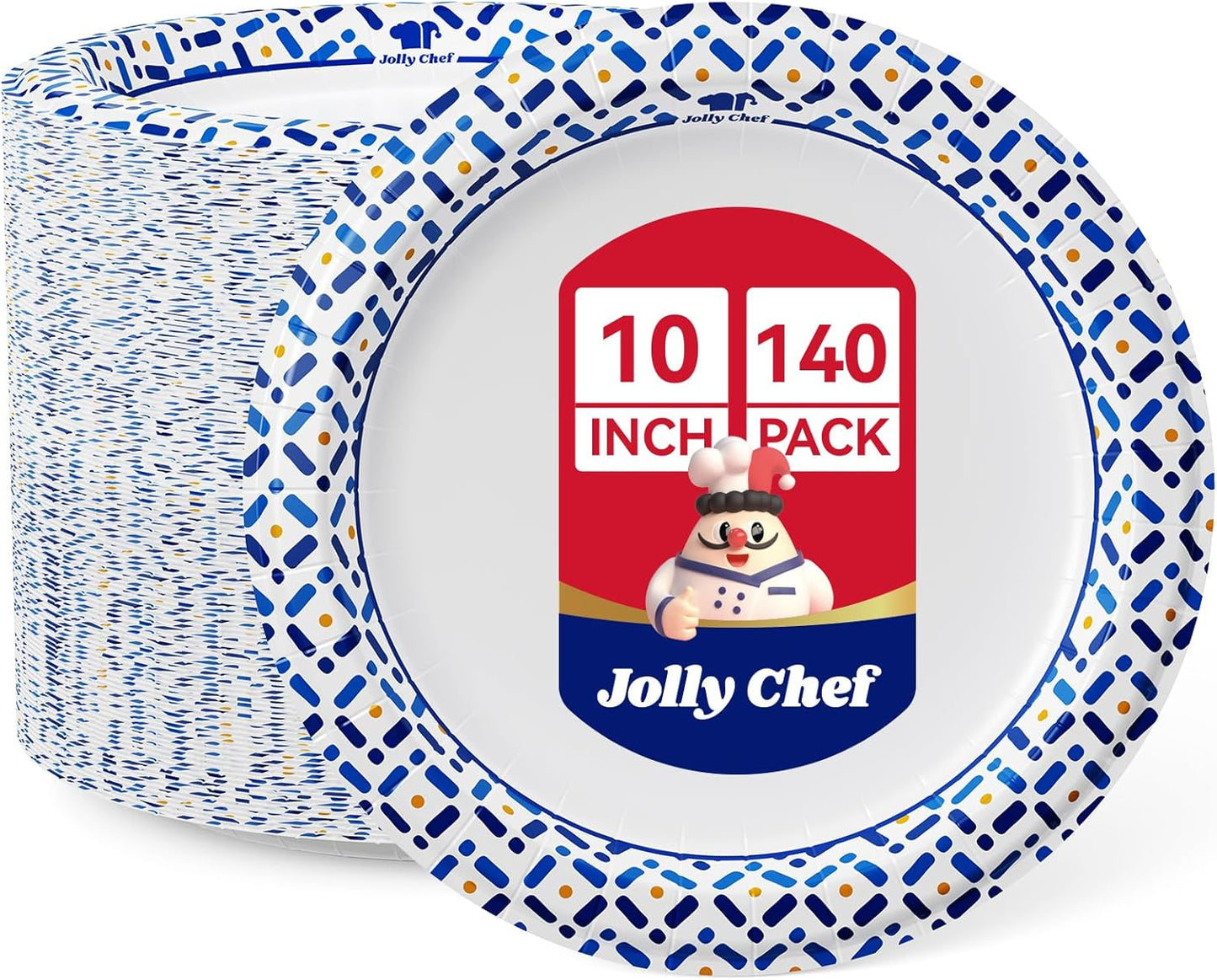 JOLLY CHEF 10 Inch Paper Plates 140 Count, Soak-Proof, Cut Proof, Disposable Heavy Duty Plates for Picnic, Family Gatherings, Parties