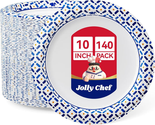JOLLY CHEF 10 Inch Paper Plates 140 Count, Soak-Proof, Cut Proof, Disposable Heavy Duty Plates for Picnic, Family Gatherings, Parties