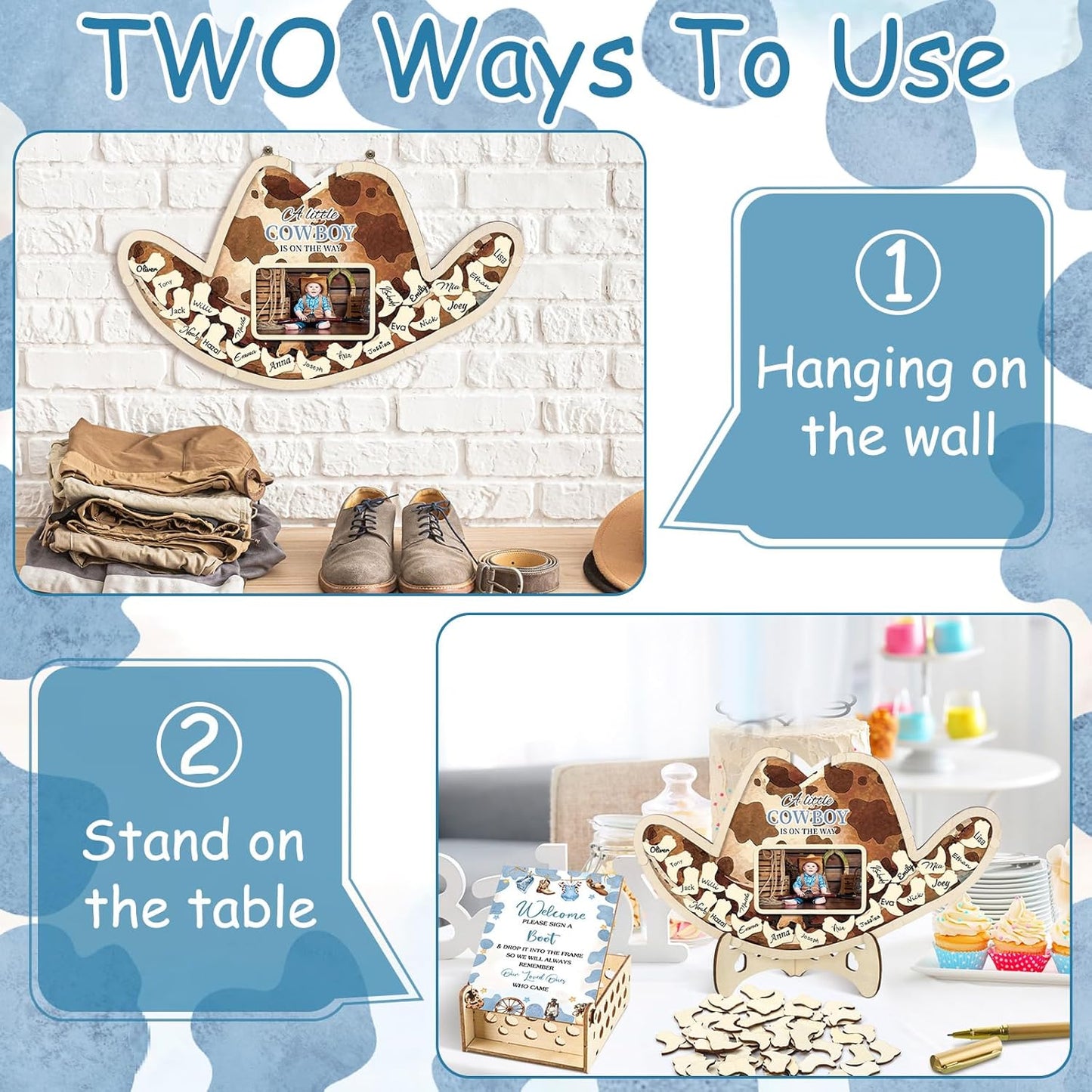 Wenqik 63 Pcs Cowboy Baby Shower Guest Book Alternatives Set Baby Shower Decorations with Photo Frame Sonogram Frame Keepsake 60 Wood Slices Guest Book for Birthday