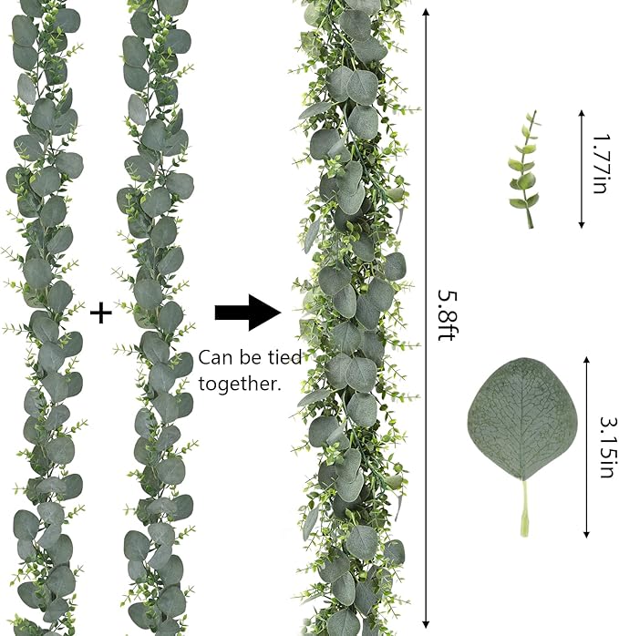 CEWOR 8pcs 5.8ft Artificial Eucalyptus Garland Fake Silver Dollar Eucalyptus Greenery Garland Vines for Mantle Table Runner Centerpiece Home Party Decor