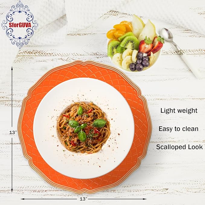Orange Scallop Charger Plates, Set of 6 Plastic Wedding Bulk Plate Charges for Dinner Plates, Table Decoration, Holiday, Thanksgiving, Christmas.