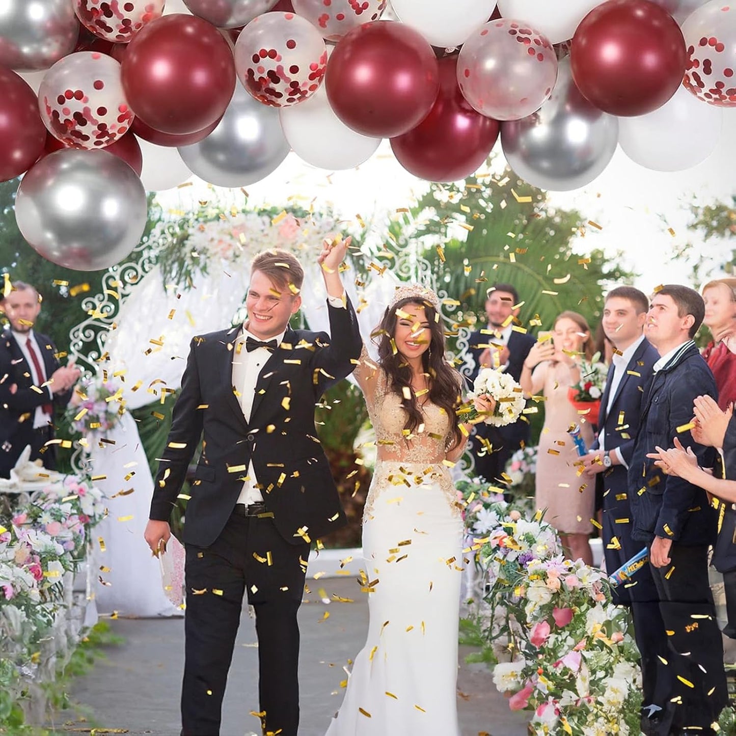 Burgundy Red and Silver Balloons, 60 Packs 12 Inch Wine Red and White Silver Metallic Confetti Balloons with Ribbons for Women Birthday Wedding Bridal Shower Retirement Party Decorations Supplies