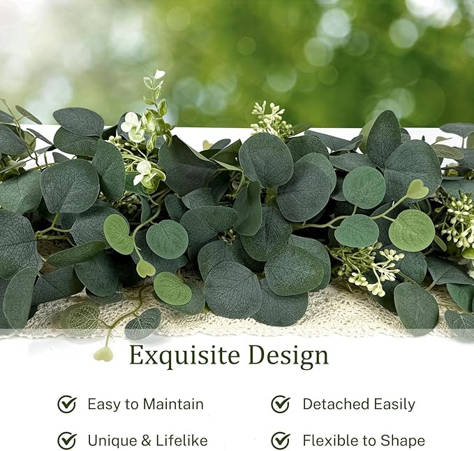 2Pcs 6FT Eucalyptus Garland, Green Garland with Flowers,Artificial Faux Greenery Vines for centerpieces Wedding Party Table Runner Room Home Mantle Decor