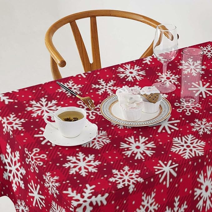 YCness Christmas Winter Tablecloth, Red Abstract Grid Red Fruit Snowflakes Table Cover for Living Room Home Kitchen Party Dinner 55x75 Inch