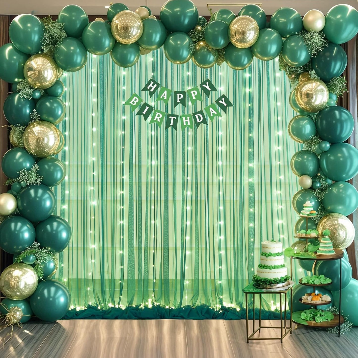 Hunter Green Tulle Backdrop Curtains with Lights String for Parites 10x10ft Sheer Backdrop Curtains Drapes for Birthday Party Bridal Shower Baby Shower Photo Booth Background Decorations