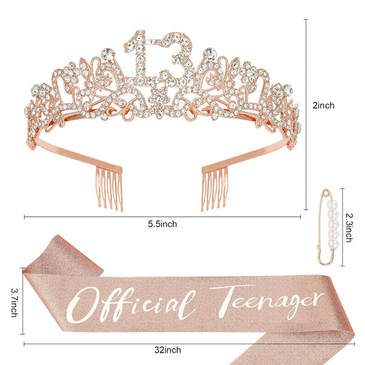 Semato 13th Birthday Crown & Sash Kit for Girls | Rose Gold Rhinestone Tiara + Glitter Sash Birthday Gift Set