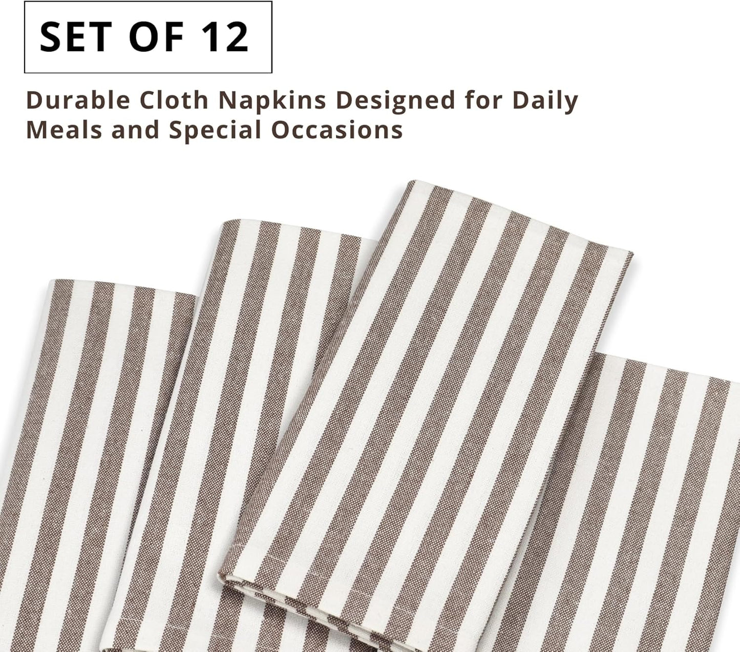 PurpleEssences Plain Striped Cloth Napkins - Set of 12-100% Cotton - 18 x 18 Inch - Fall Thanksgiving - Perfect Everyday Use Dinner Napkin - Nut Brown and Ivory