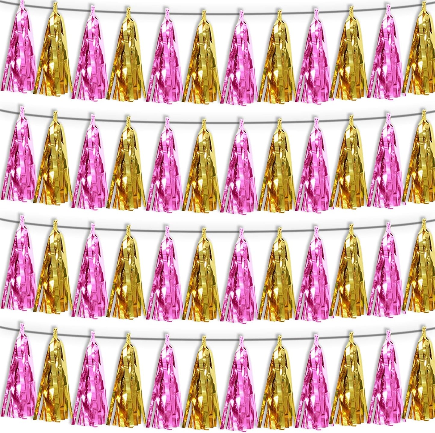 4P Gold Pink Tassel Banner Garland Metallic Foil Fringe Banner Tinsel Tassels Streamer Banner Backdrop for Parade Floats, Graduation, Wedding, Bachelorette, Birthday, Retirement Party Decorations