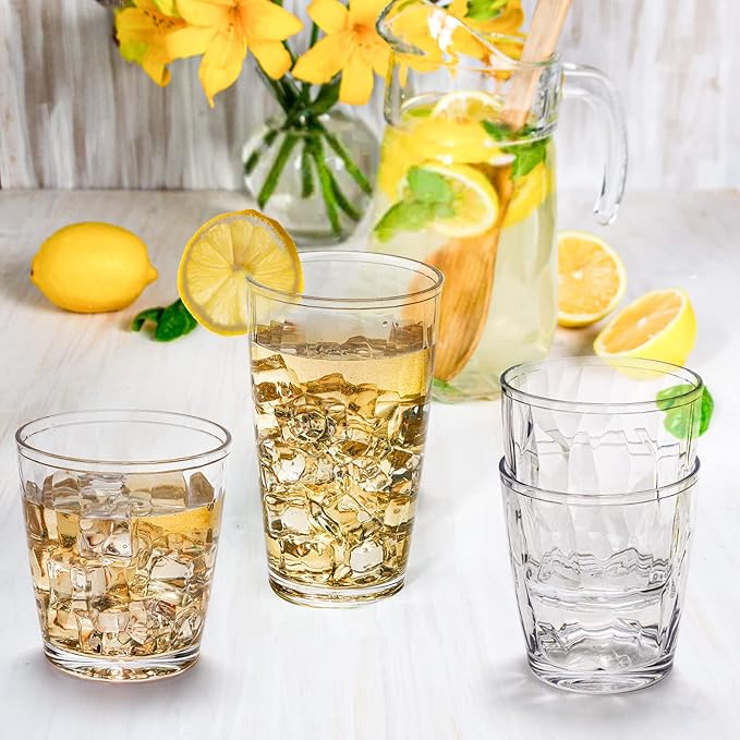 Hedume Set of 8 Plastic Water Tumblers, 4 Pack 17-ounce and 4 Pack 10-ounce Transparent Drinking Glasses, Clear Acrylic Reusable Juice Wine Cups Stackable for Home, Picnic Party