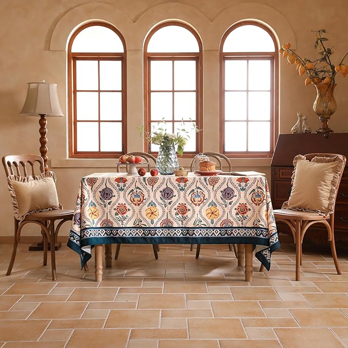 Vintage French Rectangular Tablecloth,Linen Tablecloth with Rose and Cornflower Pattern,Decorative Table Cover for Kitchen,Dining,Thanksgiving,Tea Party,55" × 87"-Lanae