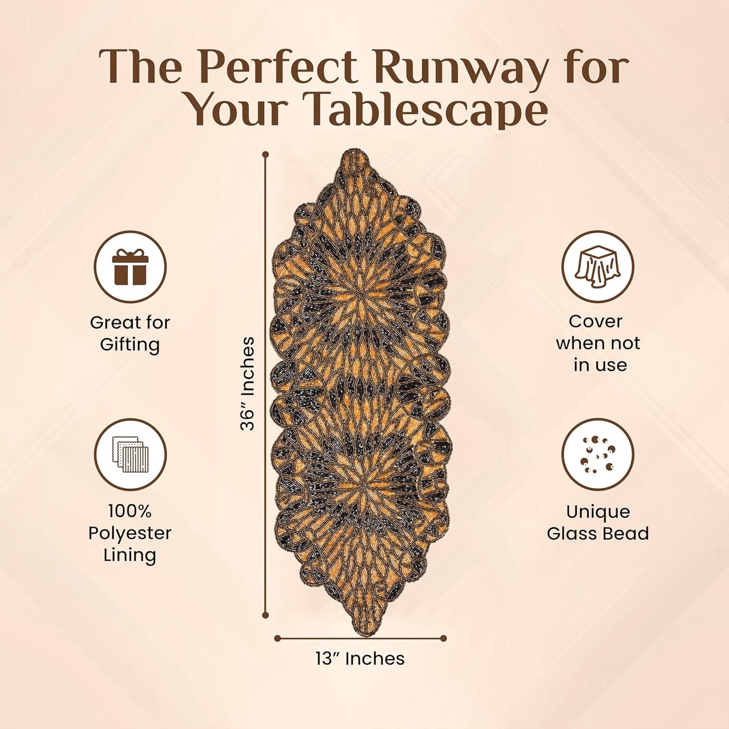 CLEENTABLE 36" Beaded Table Runner Elegant Handcrafted Glass & Polyester Runner for Farmhouse, Bridal, Wedding, Party, Rustic, Christmas & Holiday Table Decor, Vintage & Festive Centerpiece