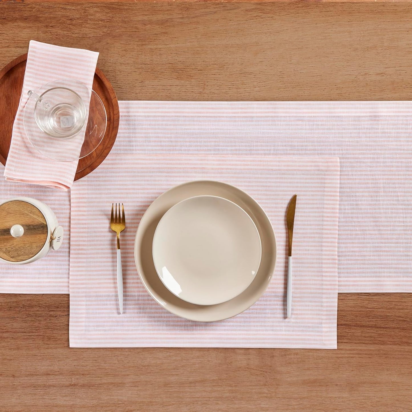 Solino Home Linen Table Runner 72 Inches Long - Narrow Stripe, 100% Pure Linen Peach and White Table Runner 14 x 72 Inch for Dining, Dresser
