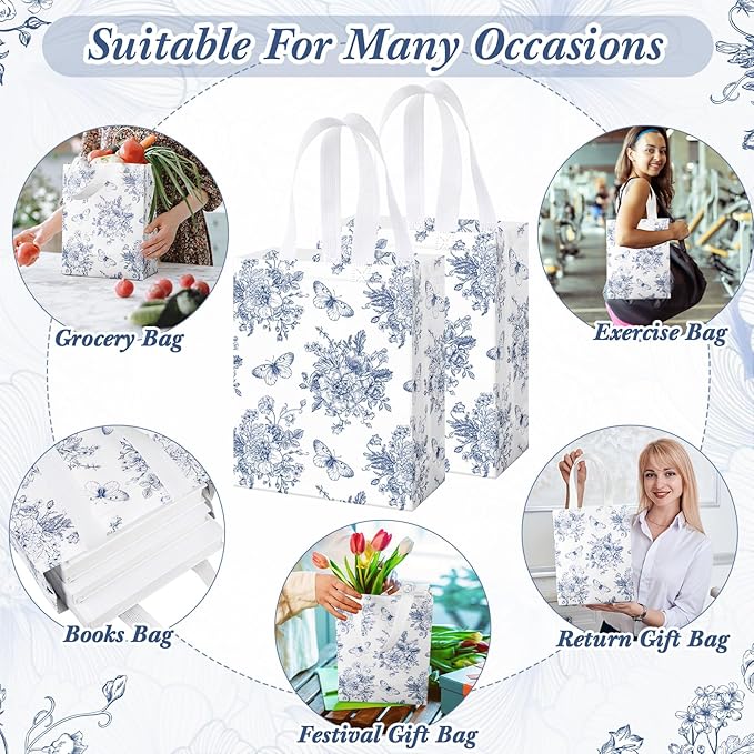 Supervitae 24 Pack Blue Floral Theme Gift Bags Medium Floral Party Favor Flower Totes Reusable Totes Non Woven Goodie Bags for Wedding Birthday Baby Shower Family Holiday Travel(9.8" x 7.9" x 3.9")