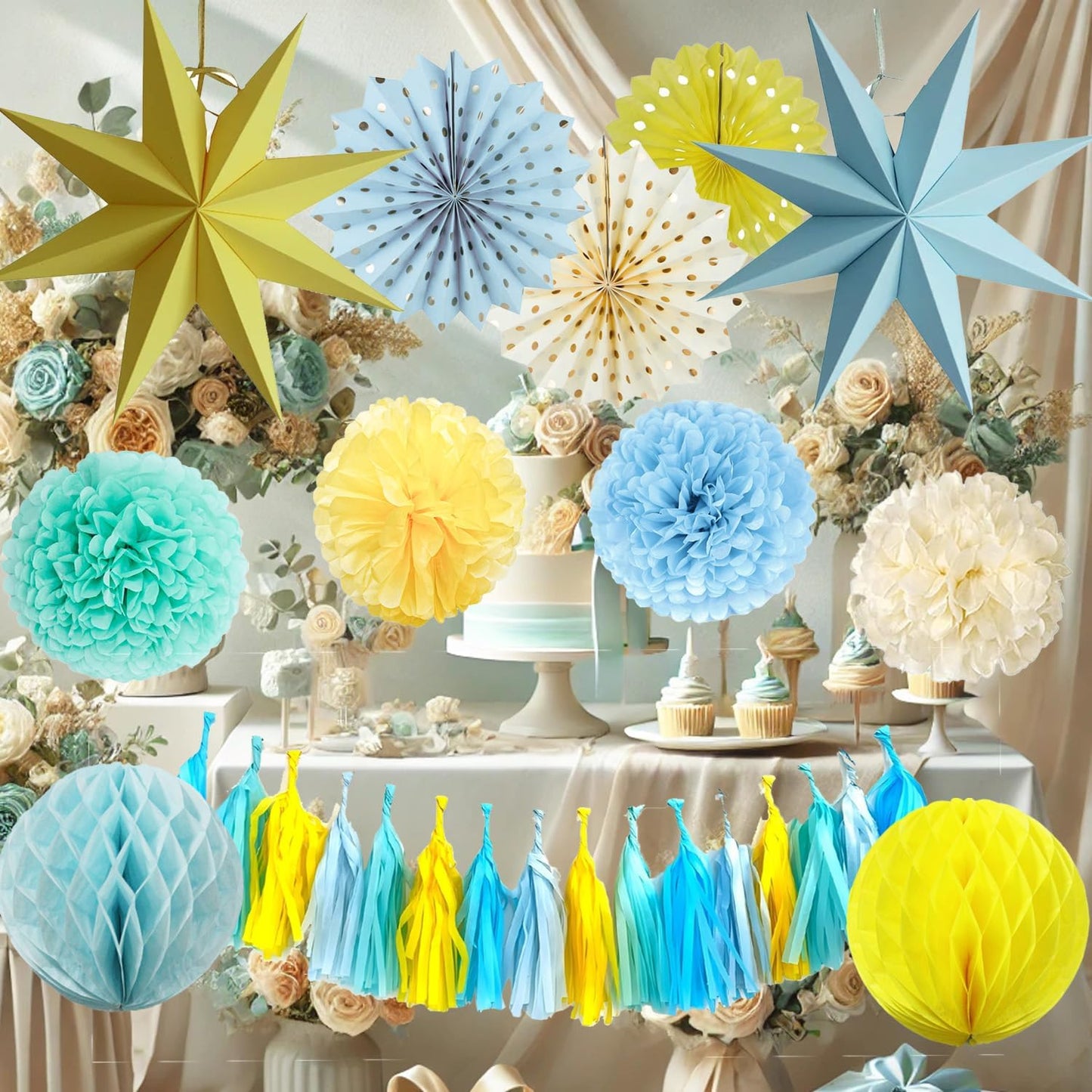 Blue Yellow Party Decorations, Blue Yellow Birthday Decoration,15PCS Blue Decorations for Women Men Girl Boy,Hanging Backdrop Decor for Bear Birthday,Winne Baby Shower,Bridal Shower,Garden Party