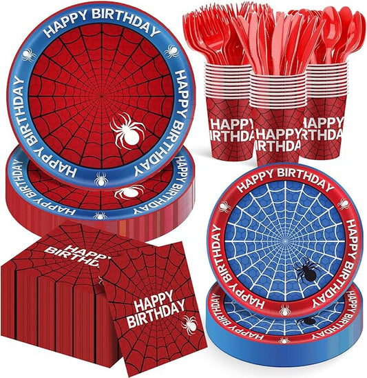 168Pcs Spider Birthday Decorations, Includes Plates Napkins Cups Knives Forks Spoons, Serve 24