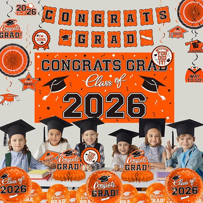 Orange Themed 2026 Graduation Decorations Set - Congrats Grad Banner, Class of 2026 Backdrop, Balloons & Streamers Kit - Complete Party Supplies for High School & College Celebrations