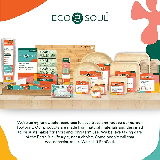 ECO SOUL 7&10 Inch Disposable Palm Leaf Bundle Plates [200 Pack] Premium Food-Safe Heavy Duty Compostable Bamboo Paper Plates for Lunch, Dinner, Weddings, Party, Camping & Catering Events [Square]