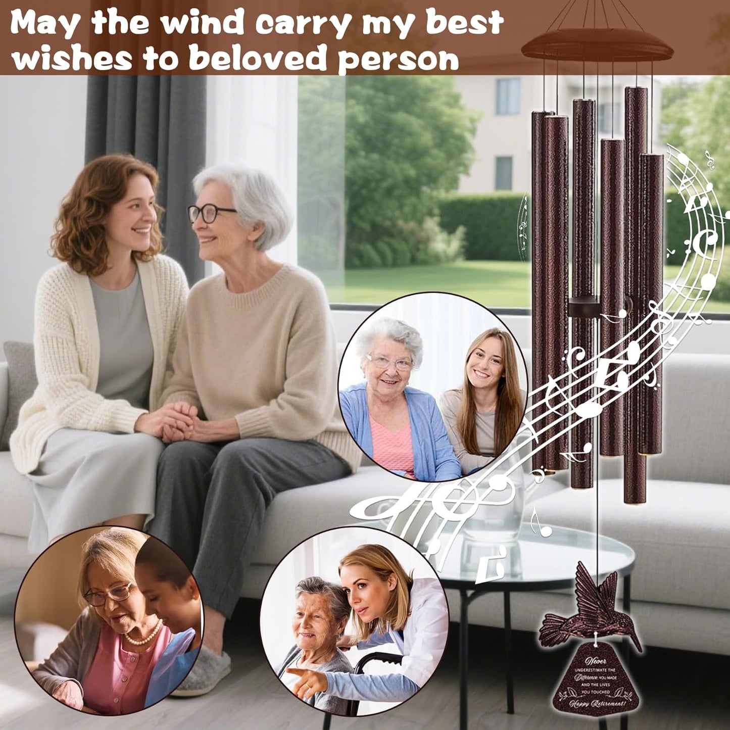 Retirement Gift Wind Chime with Hummingbird, 32" Wind Chimes with Sunflower Greeting Card Happy Retirement Gifts for Women Men Colleague Boss Teachers Friends, Going Away Gifts for Coworker