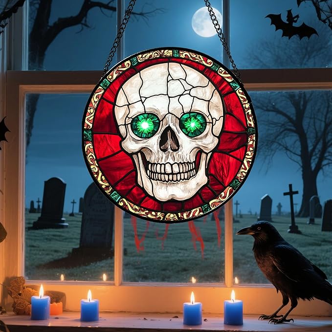 Stained Glass Window Hanging - Halloween Decorations Vampire Skeleton Suncatcher for Doors Garden Indoor Spooky Funny Sun Catchers Gothic Decor Horror Gifts for Women Men Friend 7.8 in