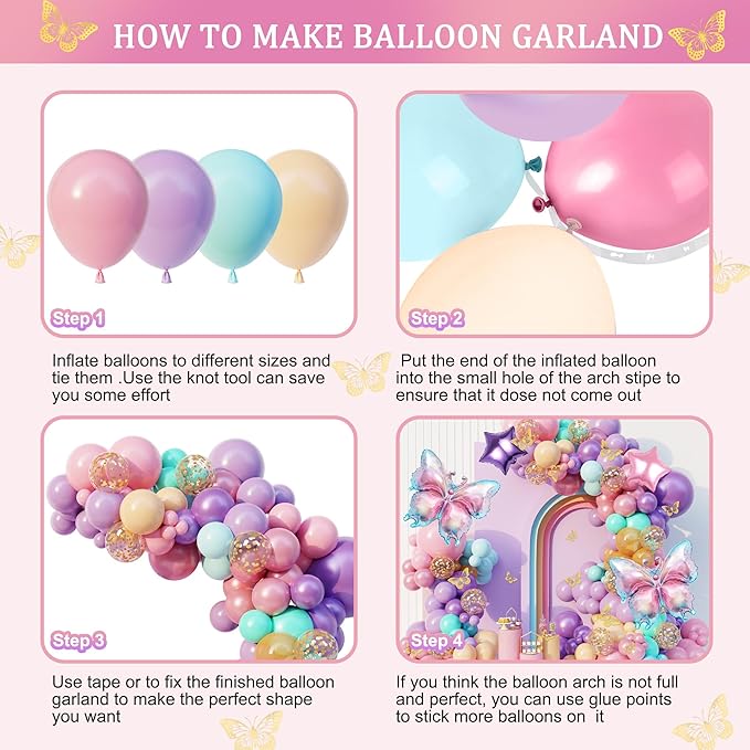 163Pcs Butterfly Pink and Purple Balloons Garland Arch Kit, Birthday Baby Shower Decorations Pink Purple Blue Confetti Star Balloons for Girls Women Mother Day Butterfly Party Baby Shower Supplies
