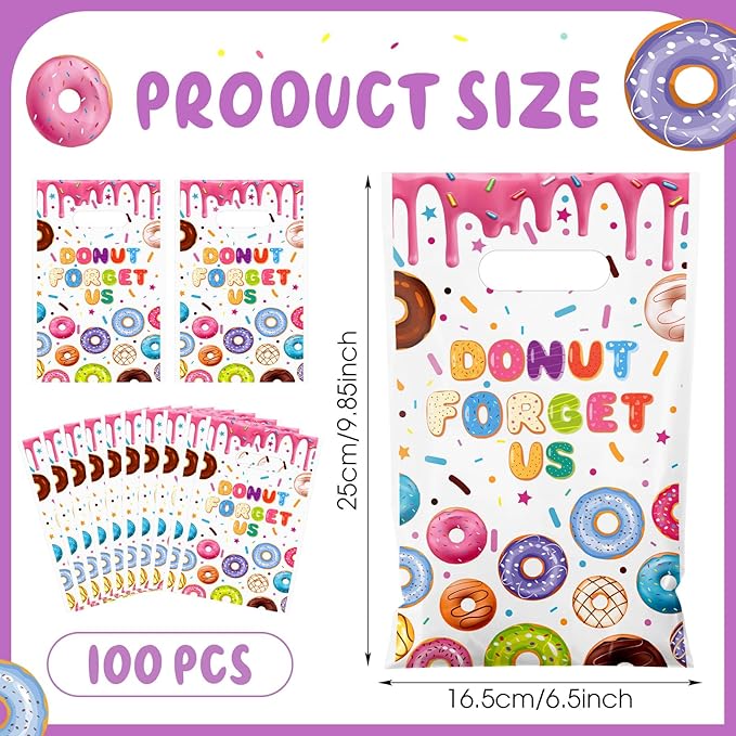 Supervitae 100 Pcs Donut Forget Us Plastic Gift Bags Goodbye Party Favor Bags Bulk with Handles for Coworker, Retirement, Going Away, Office Farewell and Leaving Goodie Candy Treat Party Supplies