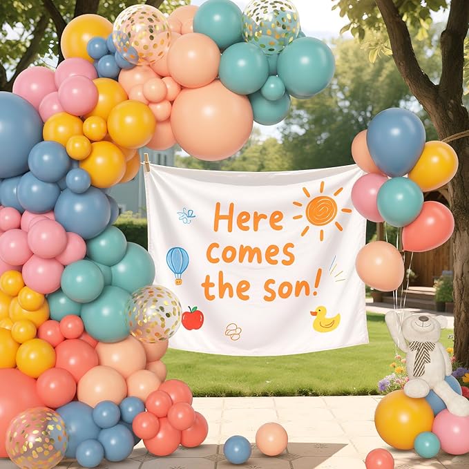 Amandir 153pcs Boho Balloon Arch Garland Kit, Different Sizes 18 12 10 5 inch Dusty Blue Blush Pink Rainbow Balloons for Here Come the Son Baby Shower Colorful Dinosaur Boho Birthday Party Decorations