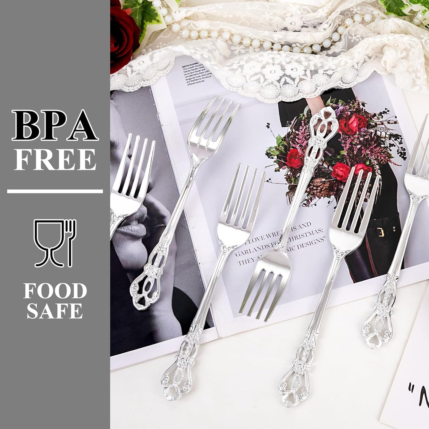 30PCS Silver Plastic Forks - 8.1inch Silver Forks Disposable - Vintage Heavy Duty Dessert Forks - Premium Fancy Plastic Silverware for Parties, Weddings, Dinners and Events