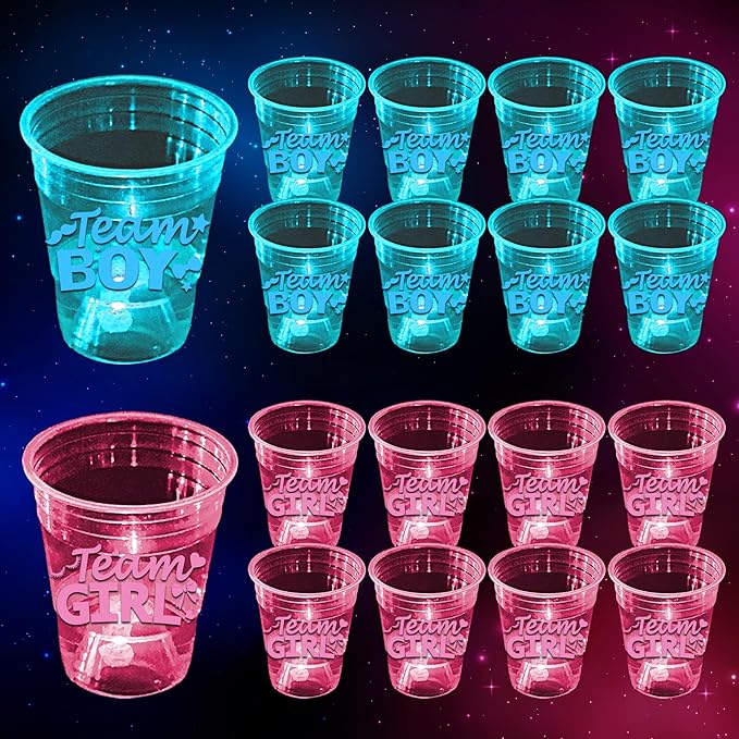 mishunyus 40-Pack Glow in the Dark Gender Reveal Cups - Team Boy & Girl Baby Shower Party Supplies (20 Blue + 20 Pink) 16 oz Plastic Cups for Gender Announcement Party Decorations