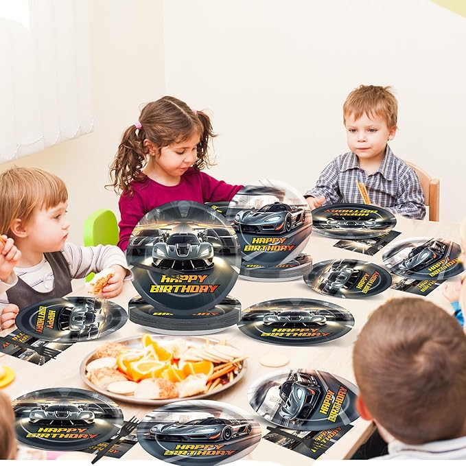96PCS Race Car Party Paper Plates and Napkins and Forks Set for Hot Car Theme Wheel Racing Party Paper Plates Disposable Decor Race Track Parties Set for Kids Birthday Gatherings Decorations