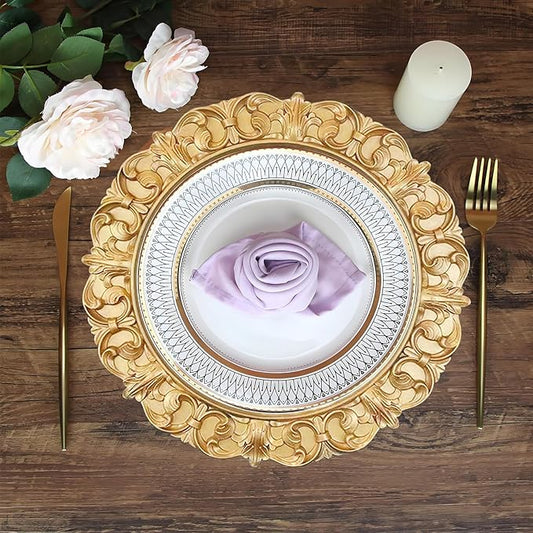 6 Pack Gold Charger Plates 13" Round Charger Plates for Dinning Plates with Embossed Rim Plastic Charger for Dinner, Wedding, Elegant Tableware Decor
