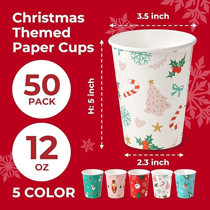 Fit Meal Prep 50 Pack 12 oz Christmas Disposable Coffee Cups, Premium Christmas Paper Cups for Hot/Cold Beverages, Xmas Party Cups for Kids, Adult, Party, Holiday