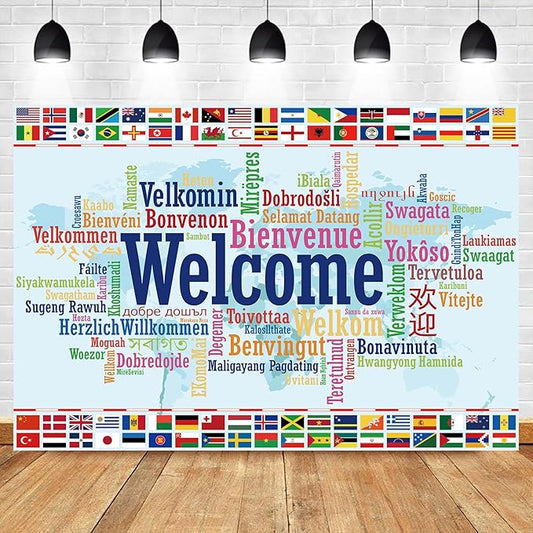Homewelle International Flag Backdrop 7Wx5H Feet Polyester Fabric World Map Welcome Banner Colorful Decoration Country Sports Events Favors Club Photography Background Photo Shoot Props