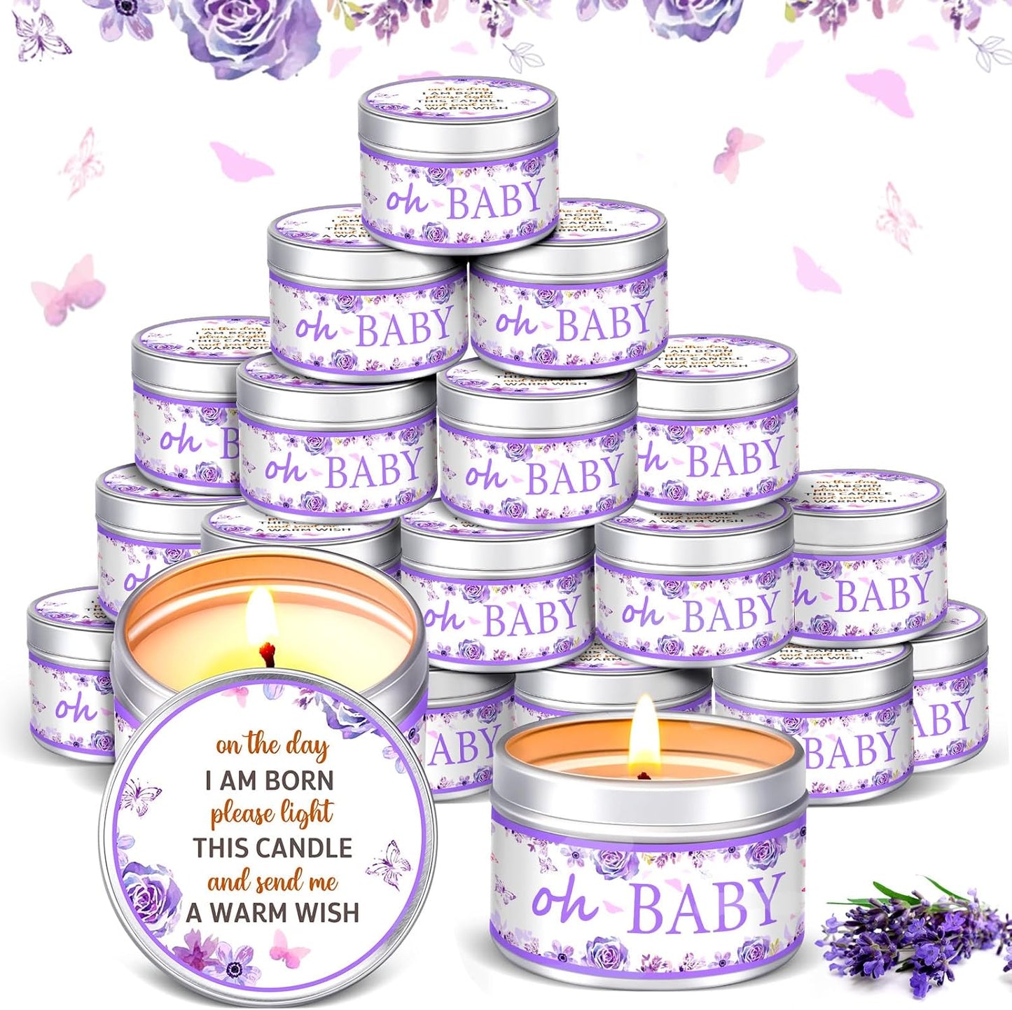 MTLEE 24 Pcs Baby Shower Party Favors Candles Lavender Scented Baby Shower Favors for Guests Rustic Tealights Candles Gender Reveal Return Gifts Girl Boy(Rose,1.2 oz,Purple)