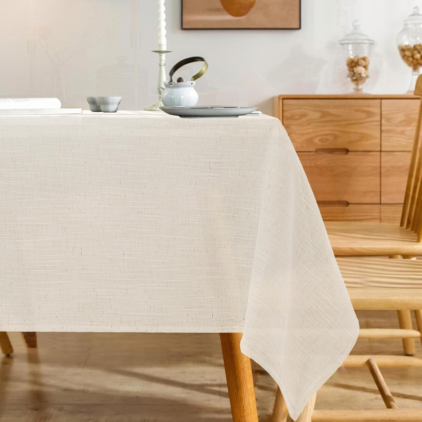 Natural Linen Textured Rectangle Tablecloth, Slubby Textured Lightweight Table Cloth 60 x 120 Inch, Water Resistant Stain Resistant Farmhouse Burlap Table Cover for Kitchen Dining Room