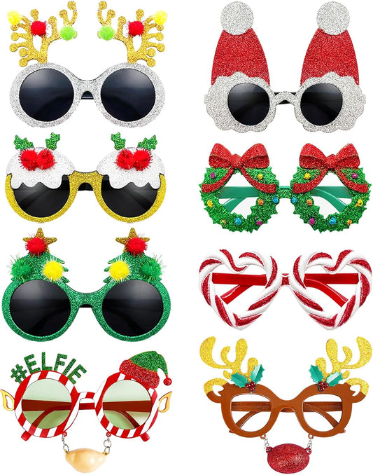 Pibupibu 8 Pack Merry Christmas Party Favors Funny Eyeglasses Set, Christmas Tree, Garland, Santa Claus, Elk, Snowman Eyewear