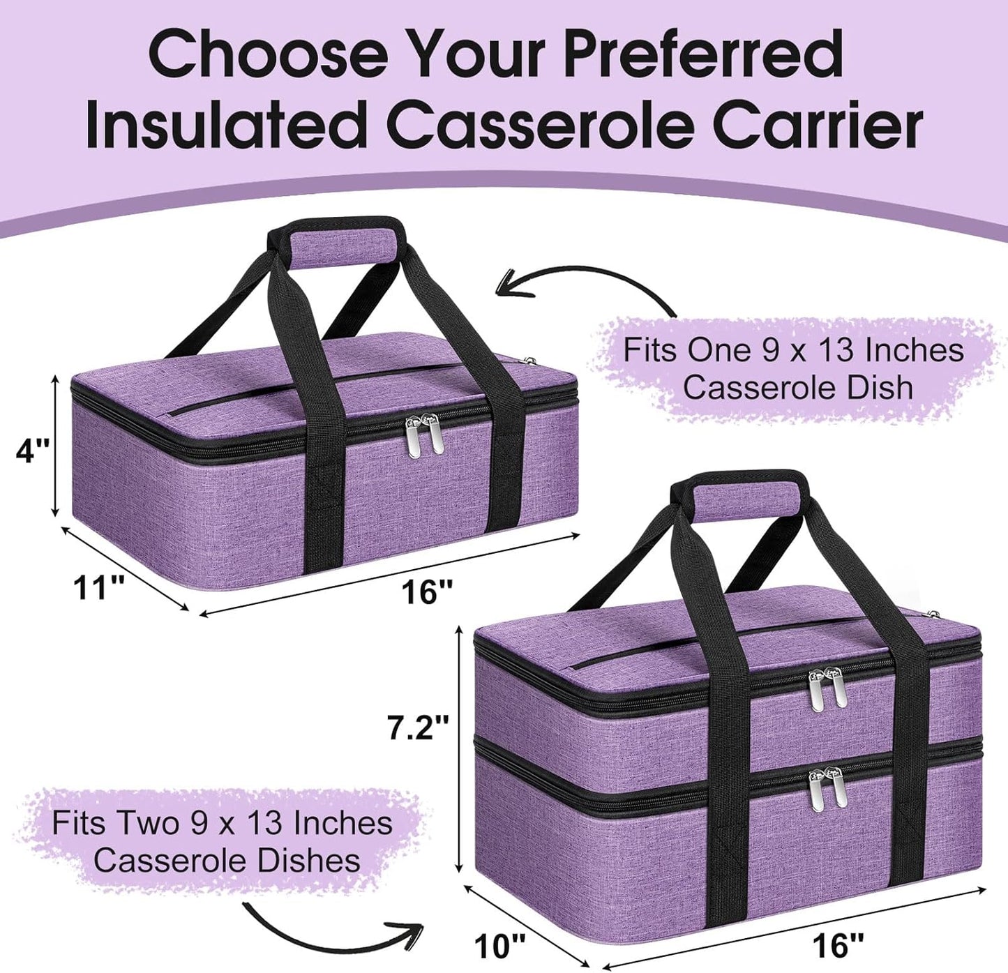 Insulated Casserole Carrier, Portable Casserole Carrier for Hot or Cold Food Lunch Tote Warmer or Cooler Bag, Lasagna Lunch Bag for Potluck Parties- Fits 9" x 13" Baking Dish-Purple