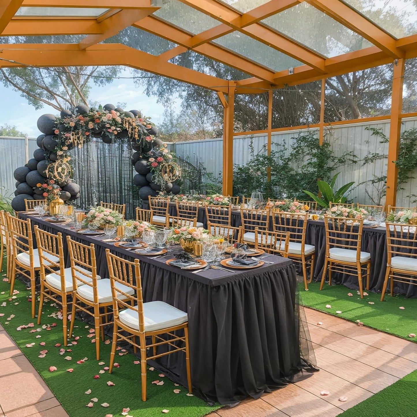 6 Pack Black Tulle Tablecloths for 8 Foot Rectangular Tables, 8ft Black Rectangle Table Cloths, Wrinkle Free Table Cover with Tutu Skirt for Wedding Birthday Party Banquet Buffet Event Decorations
