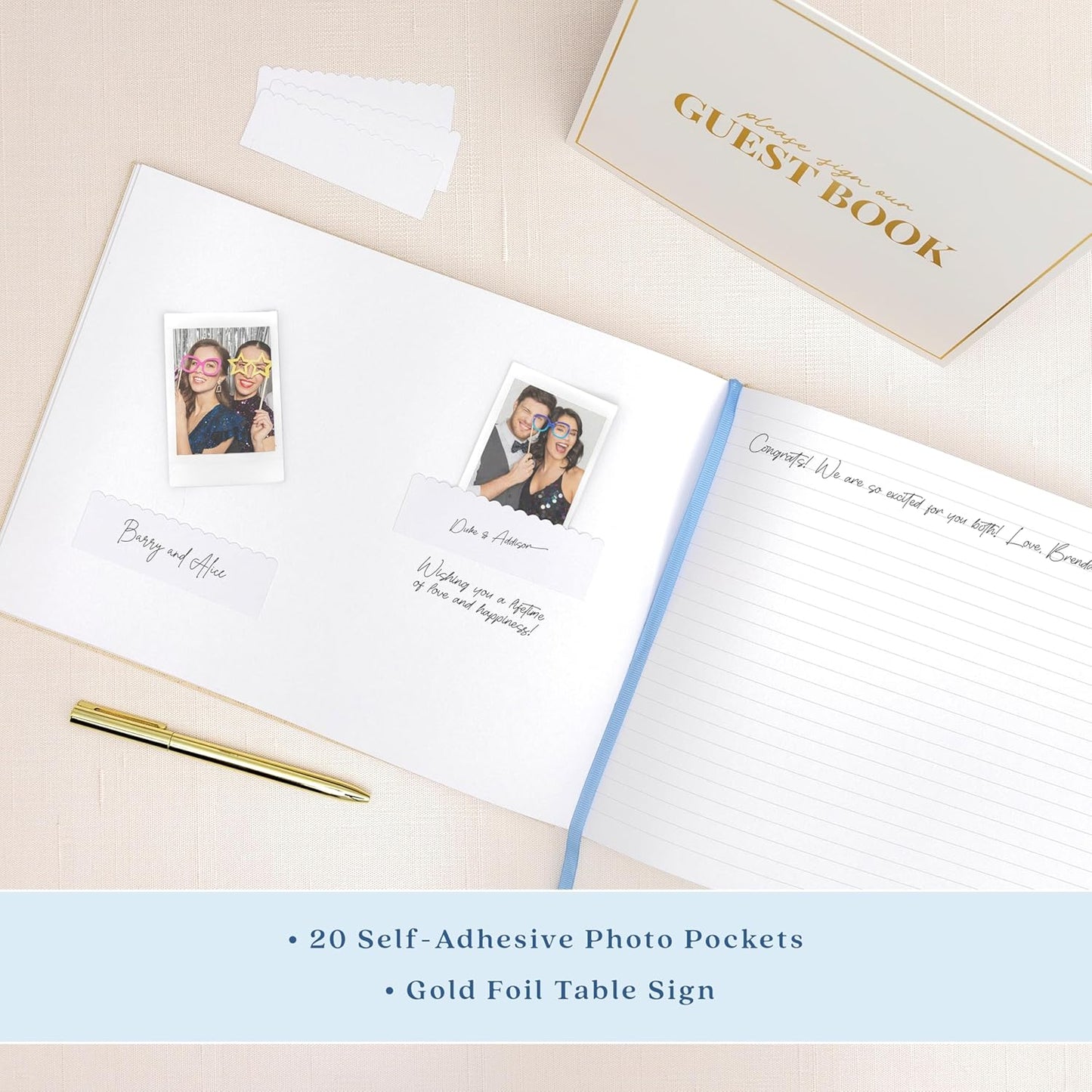 ELYN Linen Guest Book, Sign in Book for Wedding Reception, Birthday, Baby Shower & Events, Matching Gold Gel Pen, Photo Pockets & Table Sign, 80 Pages (Blank & Lined), Large, 11.5 in x 8.5 in (Blue)