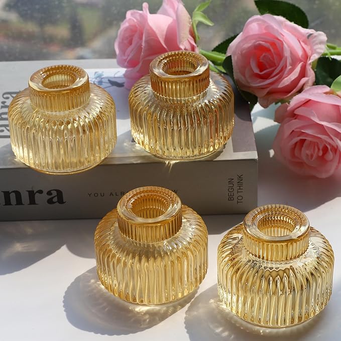 Woho Gold Candlestick Holder Set of 4, Tapered Candlestick Holders for Table Centerpiece, Glass Taper Candle Holders Bulk for Wedding Dinning Party