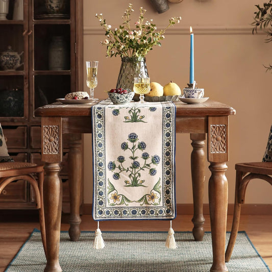 patdrea Designer Blue Rustic Elegant Floral Patterned Linen Table Runner 102 Inch Long,Wrinkle Resistant Table Mat,Decoration for Kitchen Dining and Coffee Tables Banquet Christmas ,12"x102"