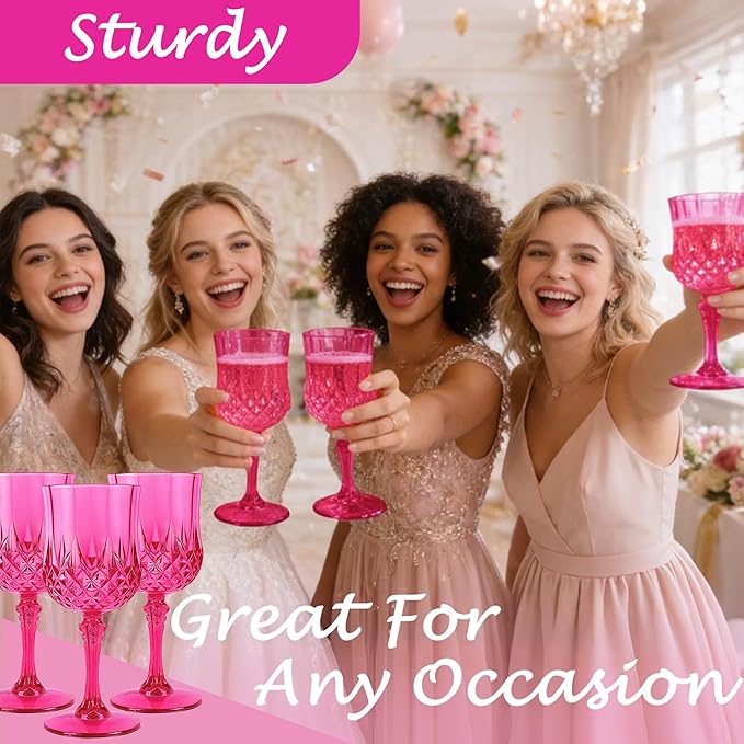 Plastic Wine Glasses, Plastic Goblets Vintage Style Cordial Unbreakable Drinking Glasses, Reusable Drinkware for Wedding Reception, Grand Event Party Supplies, Easter (12, Hot Pink)