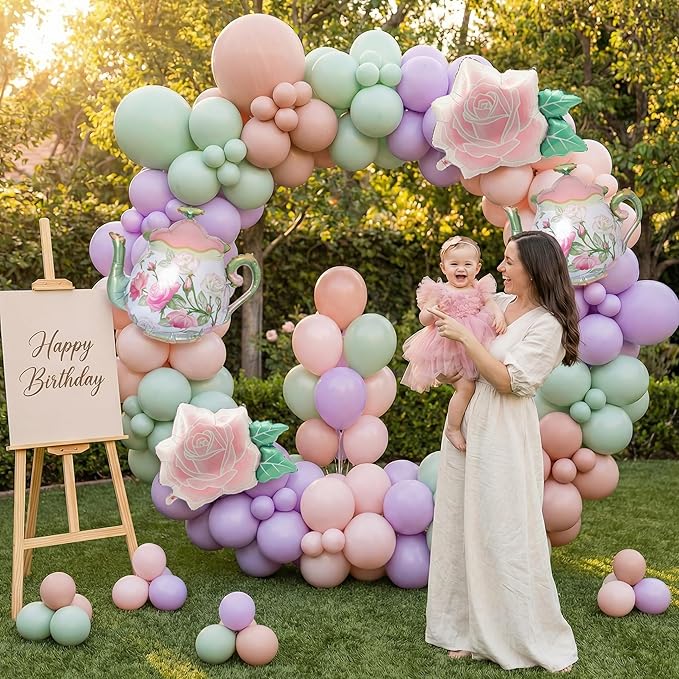 Tea Party Balloon Garland Kit 150Pcs – Pink Sage Green Pastel Purple Balloons with Teapot & Floral Foil – Garden Party Decorations, Baby Shower, Bridal Shower, High Tea, Let's Partea Decor