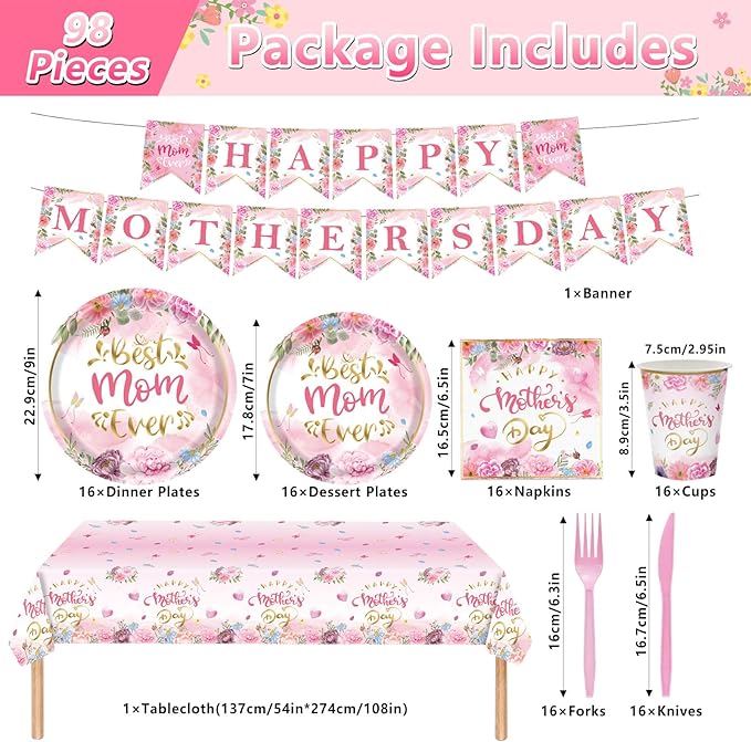 98PCS Happy Mother's Day Party Supplies Mothers Day Tableware Set Best Mom Ever Paper Plates Napkins Forks Knives Tablecloth Banner Mothers Day Party Decorations Disposable Dinnerware for 16 Guests