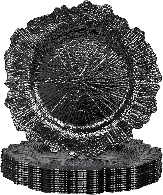 MAONAME 13" Black Charger Plates, Round Reef Chargers for Dinner Plates, Plastic Plate Chargers for Table Setting, Wedding Decor, Set of 12