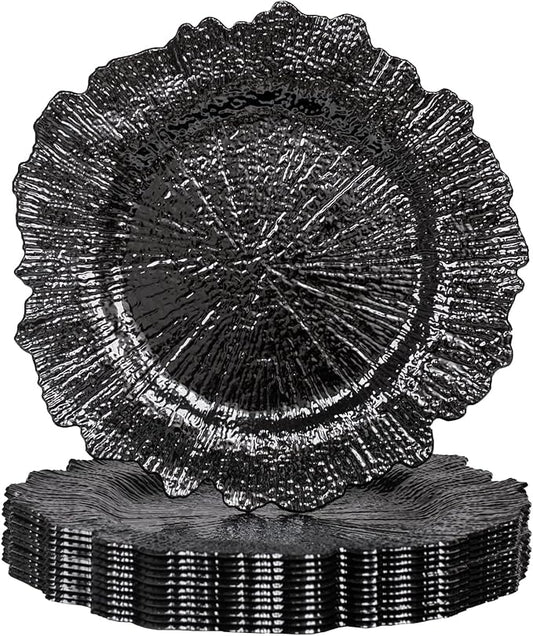MAONAME 13" Black Charger Plates, Round Reef Chargers for Dinner Plates, Plastic Plate Chargers for Table Setting, Wedding Decor, Set of 12