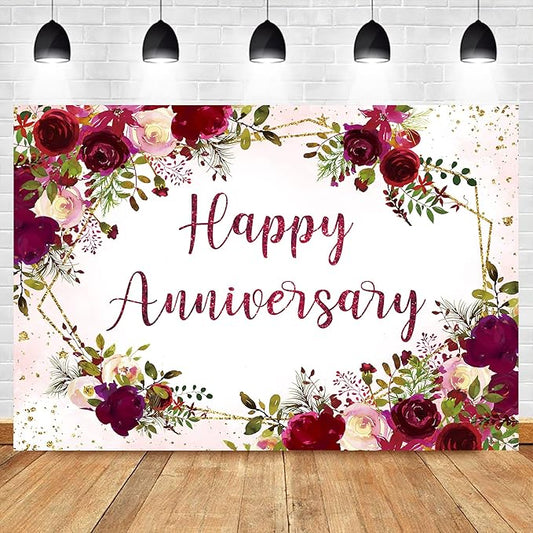 Homewelle Happy Anniversary Backdrop 7Wx5H Feet Polyester Fabric Elegant Burgundy Flower Rose Plant Botanical Decoration Green Leaves Gold Glitter Photography Background Photo Shoot Props