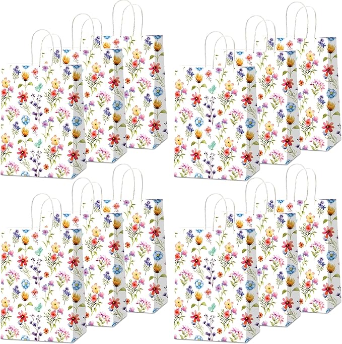 CHUNNIN 24PCS Wildflower Party Paper Bags Floral Flower Treat Bags Wildflower Paper Treat Goodies Bag for Spring Summer Decorations Birthday Tea Party Favors Bridal Shower Wedding Supplies