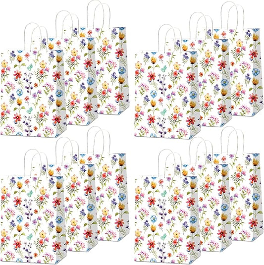 CHUNNIN 24PCS Wildflower Party Paper Bags Floral Flower Treat Bags Wildflower Paper Treat Goodies Bag for Spring Summer Decorations Birthday Tea Party Favors Bridal Shower Wedding Supplies