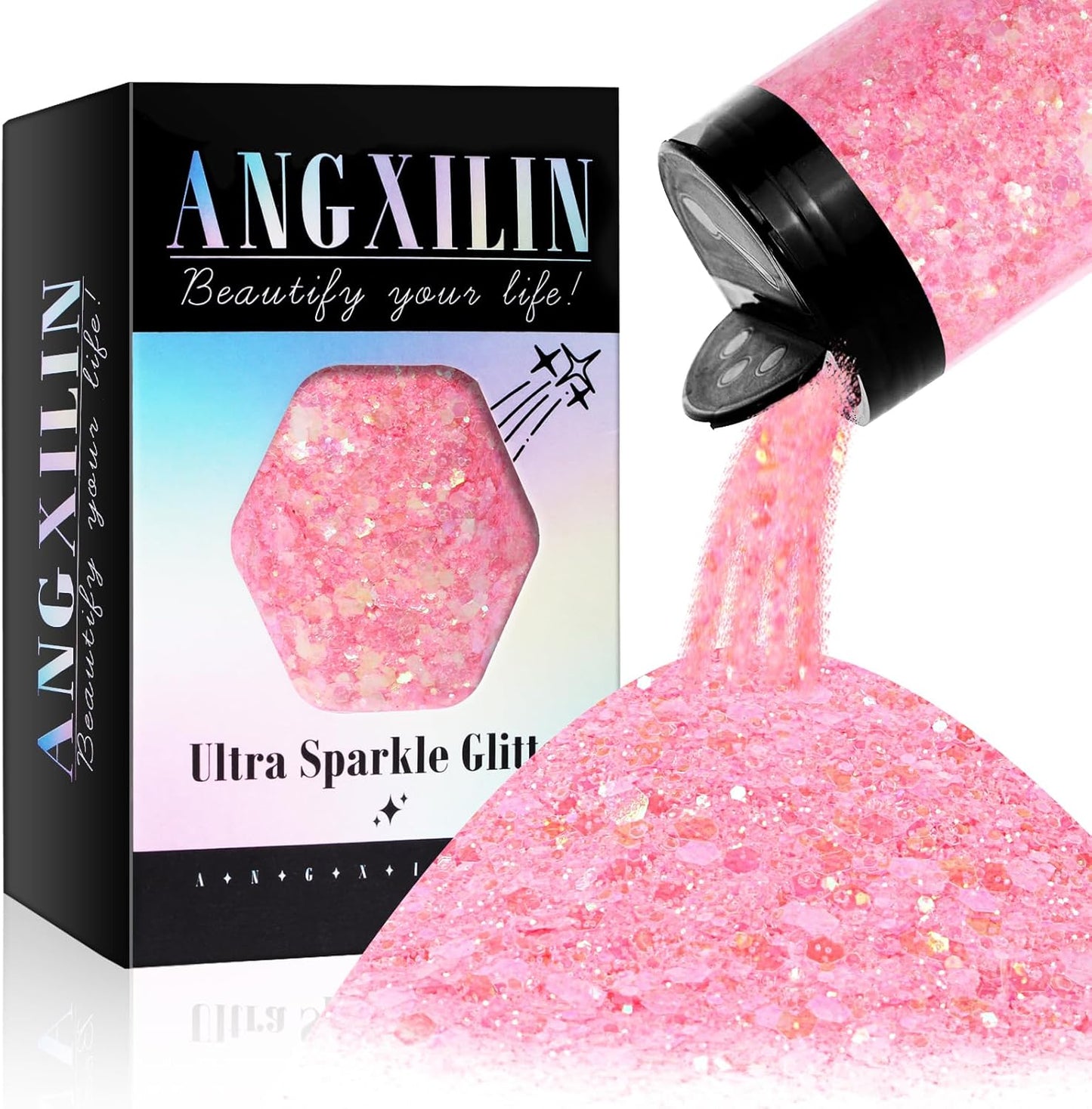 Holographic Chunky Glitter, 190g/6.7oz Chunky and Fine Mixed Craft Glitter, Bulk Laser Sequin Glitter for Face Body Nail Art,Epoxy Resin Tumbler Jewelry Making Glitter (Iri Pink)