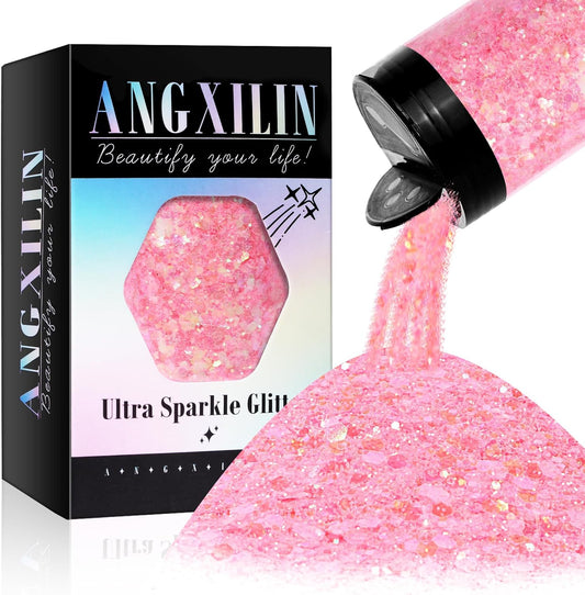 Holographic Chunky Glitter, 190g/6.7oz Chunky and Fine Mixed Craft Glitter, Bulk Laser Sequin Glitter for Face Body Nail Art,Epoxy Resin Tumbler Jewelry Making Glitter (Iri Pink)